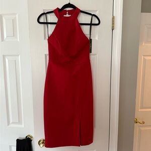 Red high neck dress
